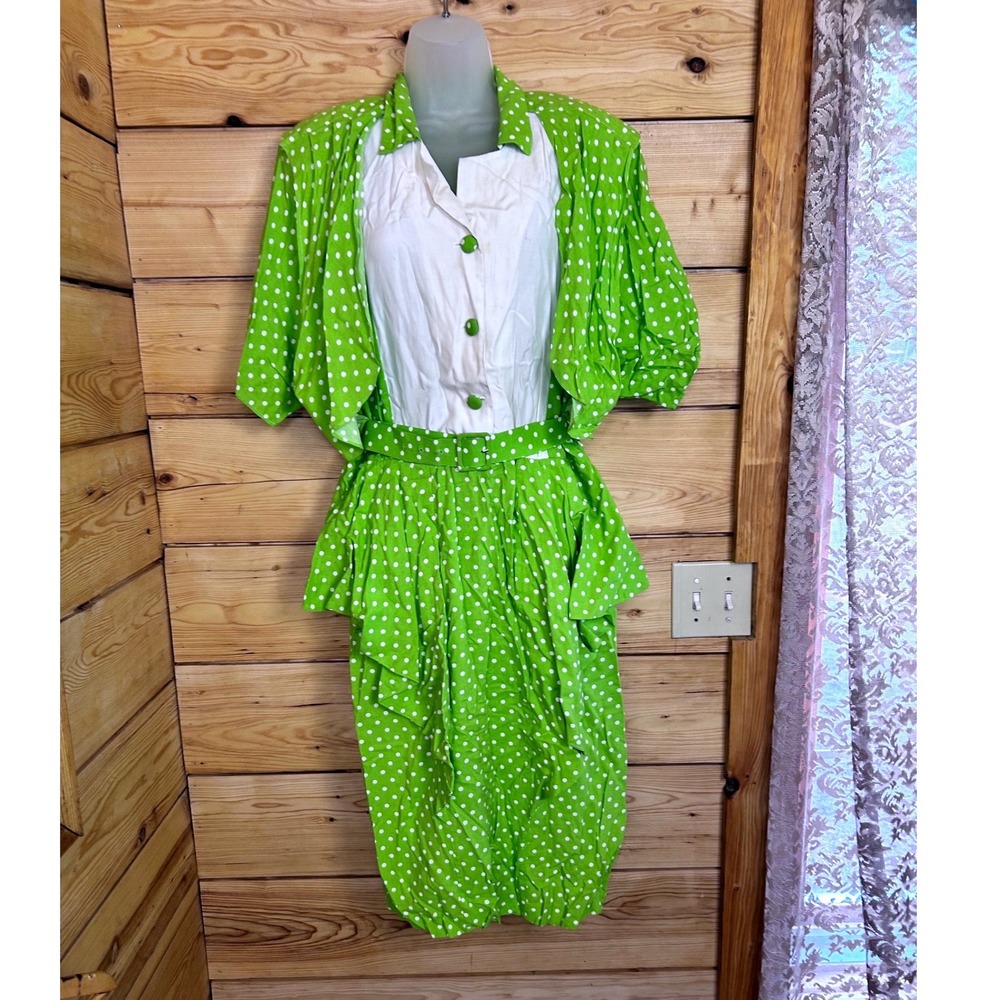 Lori Ann Vintage 80s Lime Green Polka Dot Peplum Midi Dress Belted Made n Canada